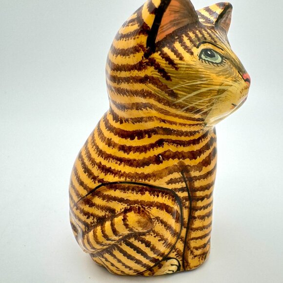 Hand-Painted Ceramic Striped Cat Figurines Set Of 2 Handmade In Kashmir Gift - Picture 9 of 14
